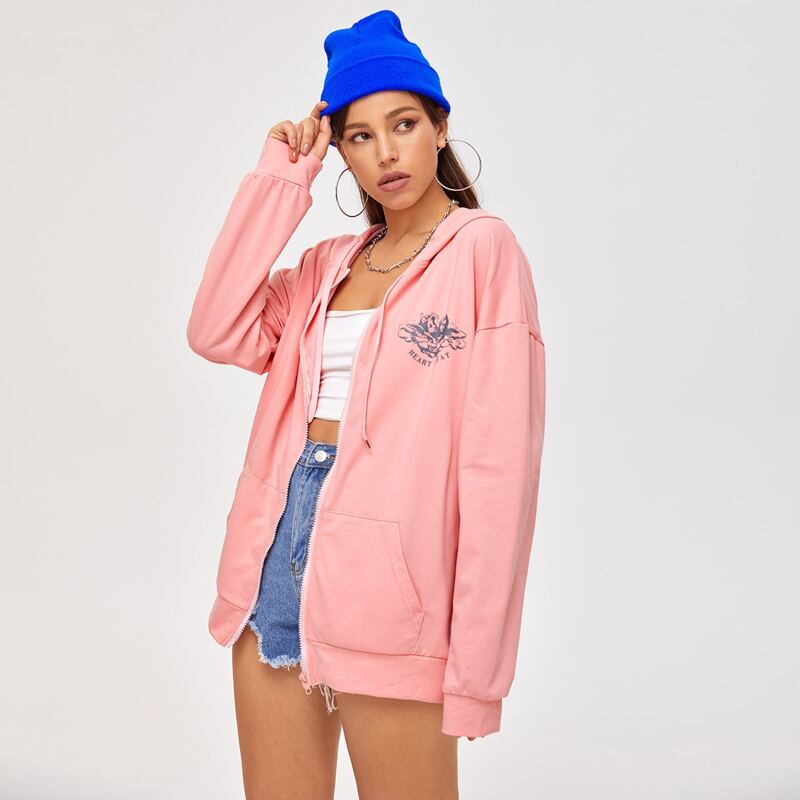 

Angel Graphic Zip Up Oversized Hoodie, Coral pink