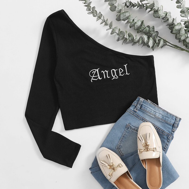 

Letter Embroidery Crop Top, Black