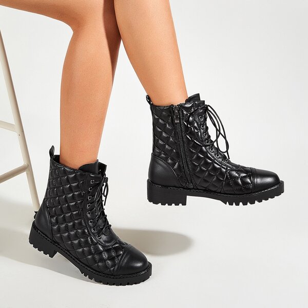 

Lace-up Front Quilted Ankle Boots, Black