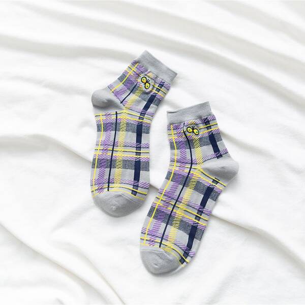 

1pair Embroidery Detail Plaid Socks, Multicolor