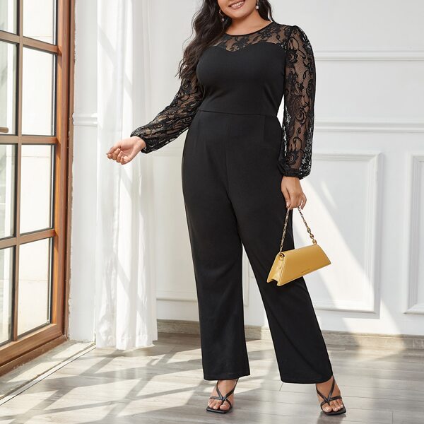 

Plus Contrast Lace Sleeve Zipper Back Jumpsuit, Black