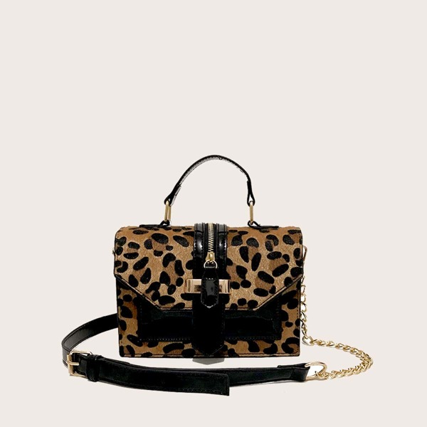 

Leopard Print Zip Decor Satchel Bag, Brown