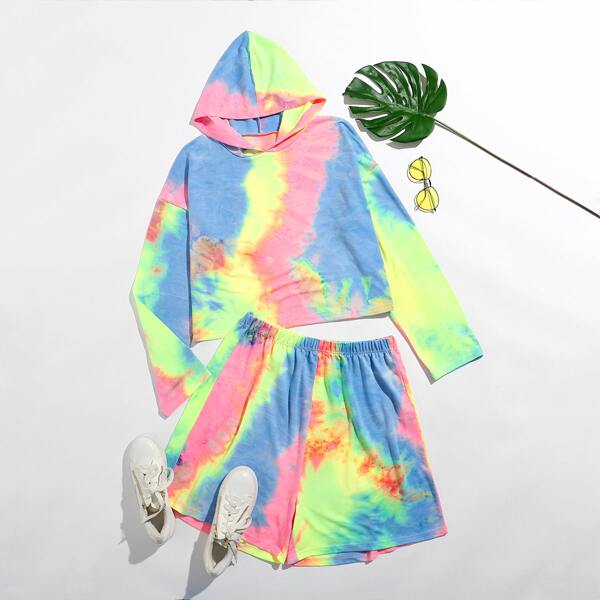 

Plus Tie Dye Drop Shoulder Hoodie & Shorts, Multicolor