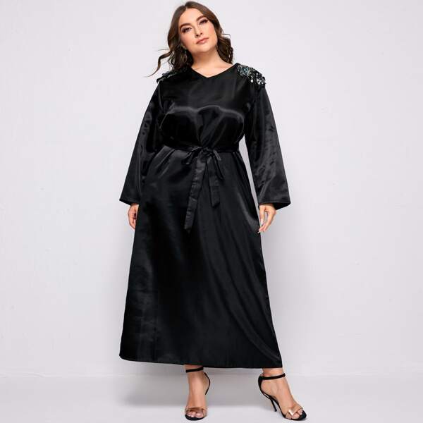 

Plus Contrast Sequin Belted Satin Dress, Black