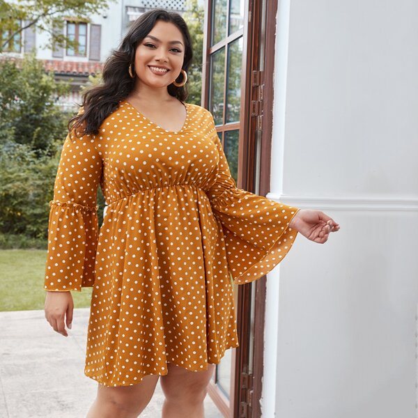 

Plus Polka Dot Frill Trim Dress, Mustard yellow