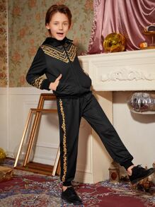 SHEIN Boys Baroque Panel Zipper Up Sweatshirt & Joggers Set - Black - View 1