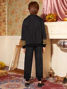 SHEIN Boys Baroque Panel Zipper Up Sweatshirt & Joggers Set - Black - View 2