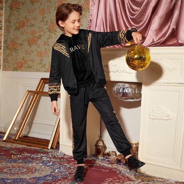 

Boys Baroque Panel Zipper Up Sweatshirt & Joggers Set, Black