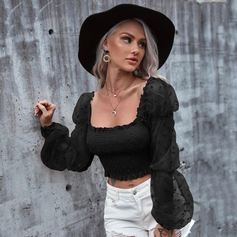 

Shirred Frill Hem & Neck Contrast Mesh Puff Sleeve Crop Milkmaid Top, Black