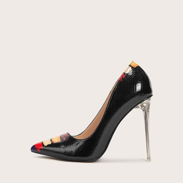 

Snakeskin Embossed Stiletto Court Pumps, Black