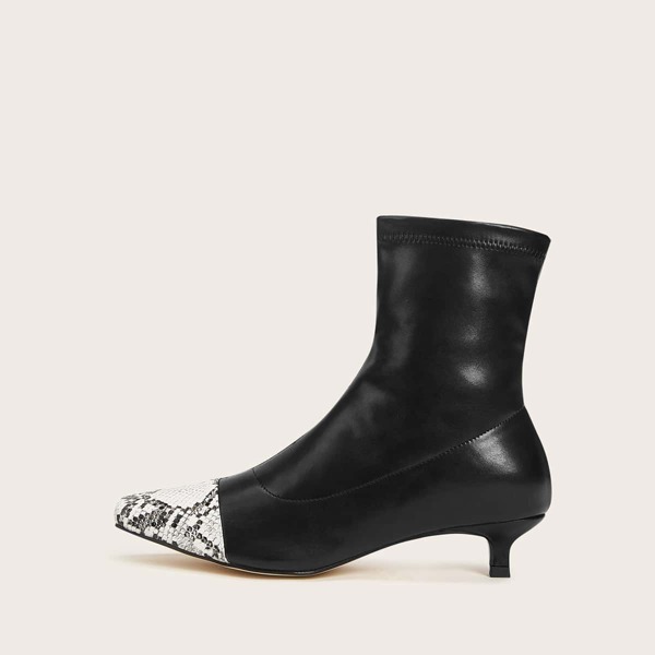 

Square Toe Snakeskin Graphic Sculptural Heeled Boots, Black and white