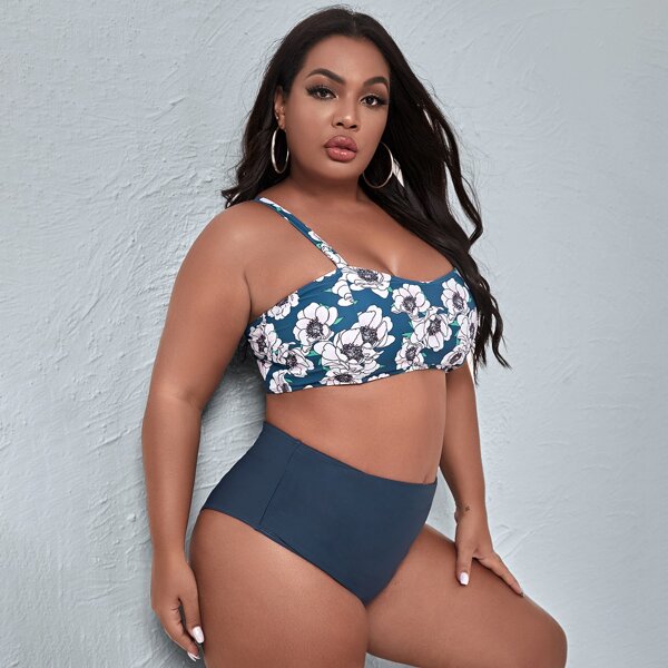 

Plus Floral High Waisted Bikini Swimsuit, Blue and white