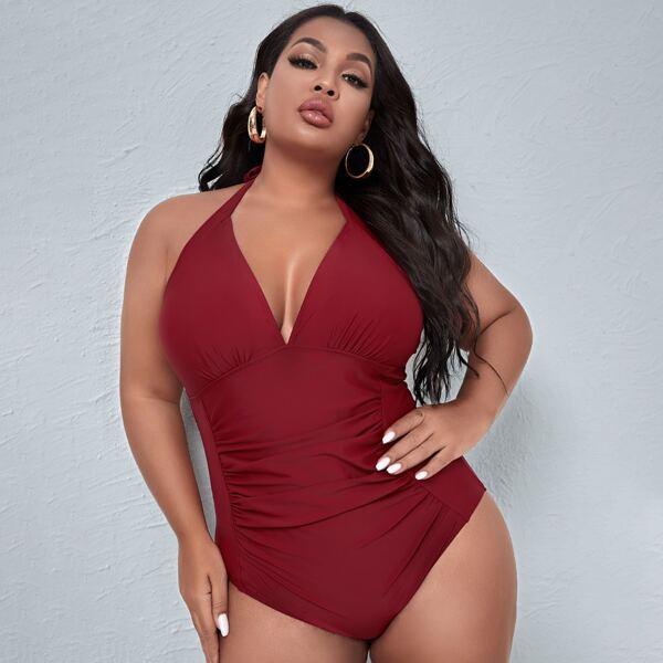 

Plus Ruched Halter One Piece Swimsuit, Burgundy