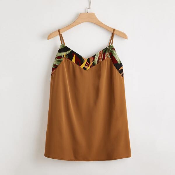 

Plus Tropical Print Ruched Back Cami Top, Brown