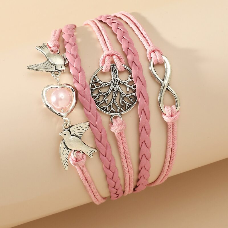 

Tree & Bird Decor Layered Braided Bracelet, Pink