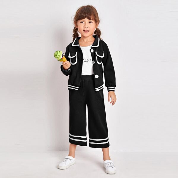

Toddler Girls Striped Flap Pocket Jacket & Pants, Black