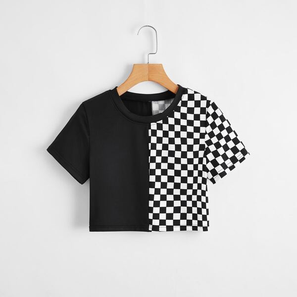 

Plus Checkerboard Colorblock Crop Tee, Black and white