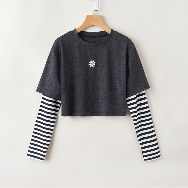 

Plus 2 In 1 Floral Embroidery Striped Crop Tee, Dark grey