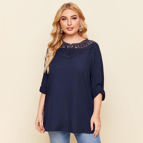 

Plus Guipure Lace Panel Solid Blouse, Navy blue