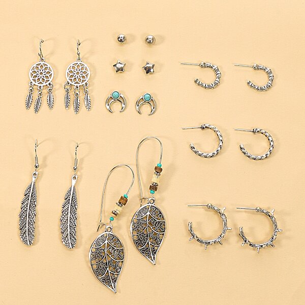 

9pairs Leaf & Moon Decor Earrings, Silver