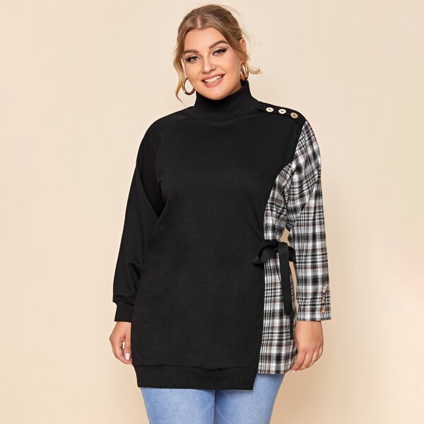 

Plus Spliced Plaid Tie Side Sweatshirt, Black