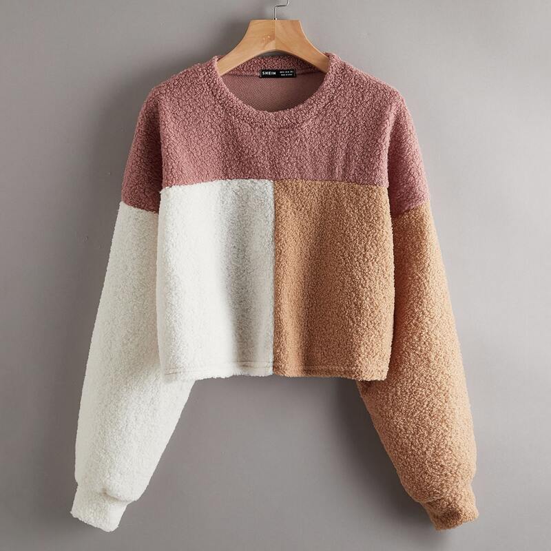 

Drop Shoulder Colorblock Teddy Pullover, Multicolor