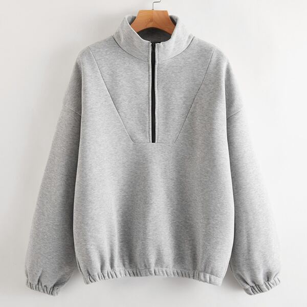 

Zipper Half Placket Solid Sweatshirt, Light grey