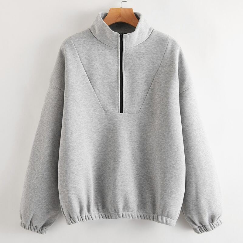 

Zipper Half Placket Solid Sweatshirt, Light grey