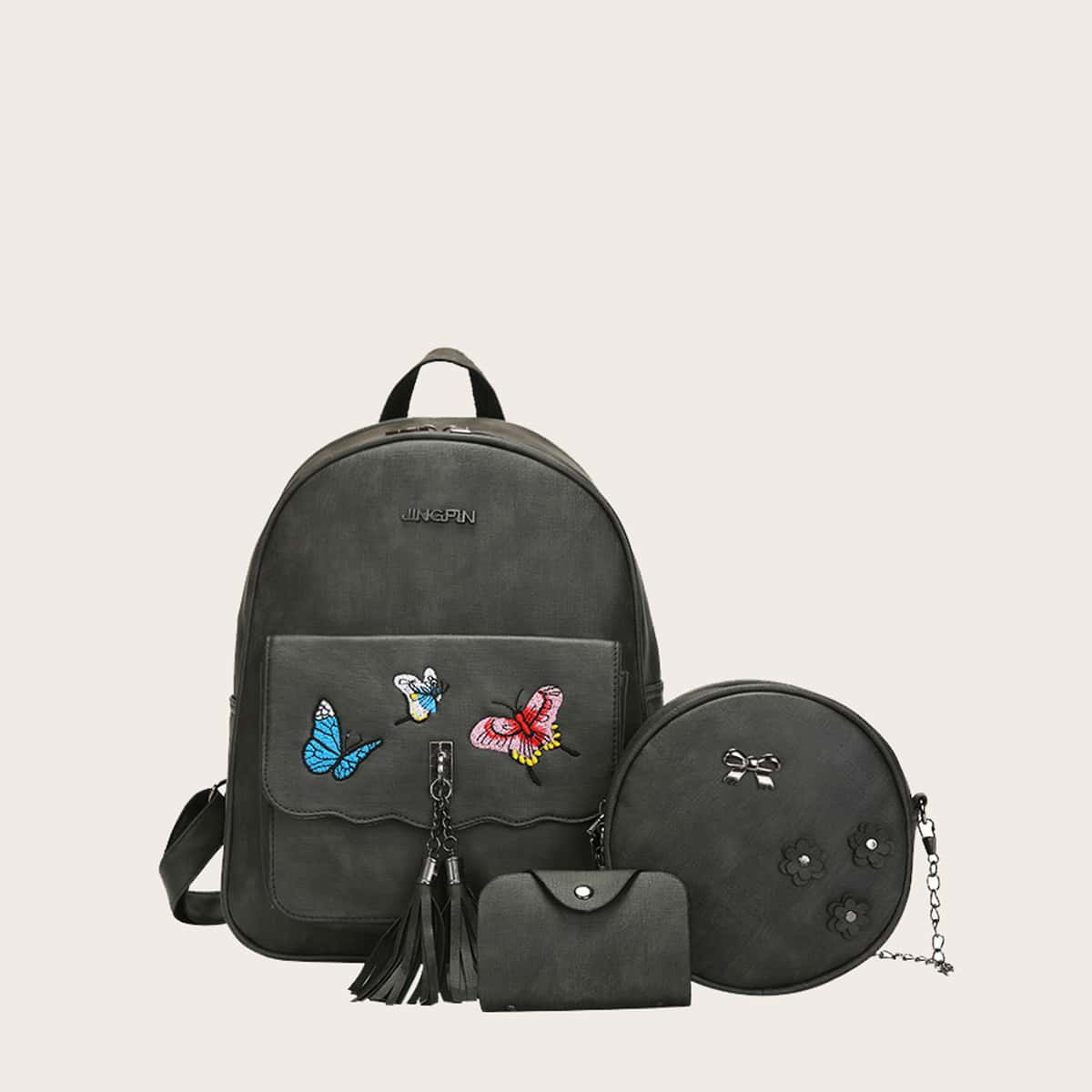 

3pcs Butterfly Embroidered Tassel Decor Backpack With Purse, Grey