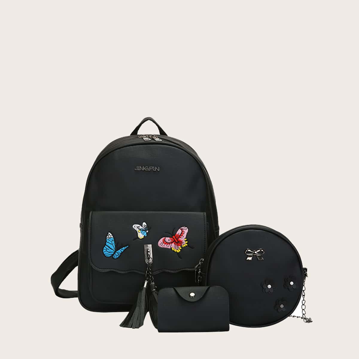

3pcs Butterfly Embroidered Tassel Decor Backpack With Purse, Black
