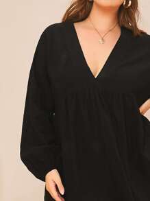 SHEIN Plus V-Neck Mini Smock Dress - Black - View 3