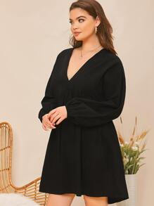 SHEIN Plus V-Neck Mini Smock Dress - Black - View 4