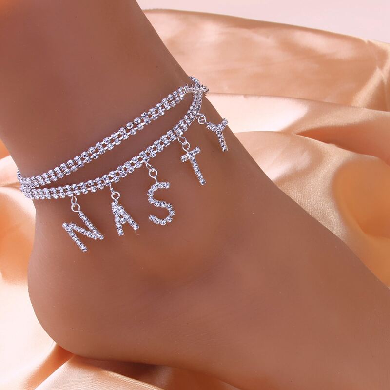 

Rhinestone Nasty Charm Anklet, Silver