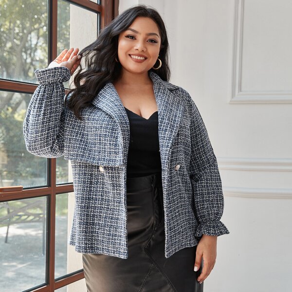 

Plus Notched Collar Raglan Sleeve Tweed Coat, Dusty blue