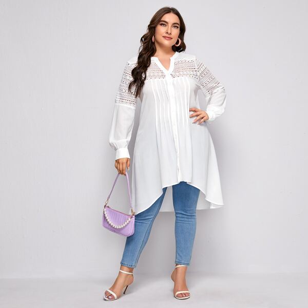 

Plus Notch Neck Guipure Lace Insert Asymmetrical Hem Top, White