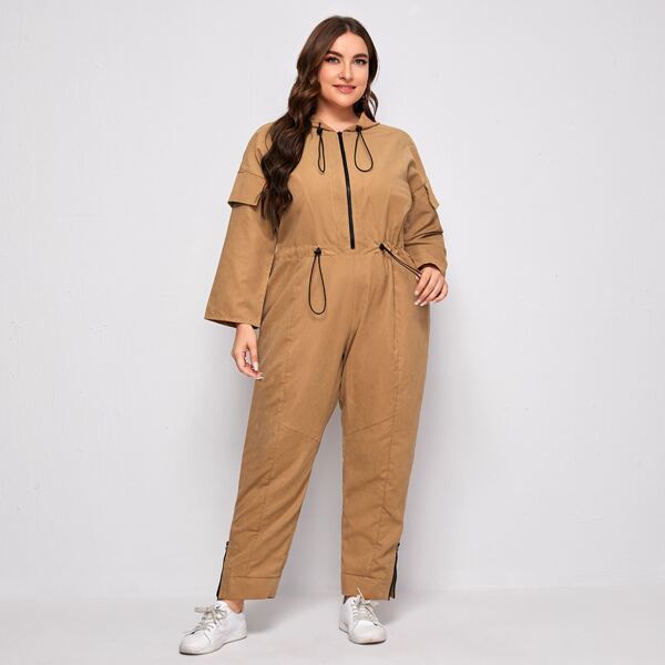 

Plus Drawstring Waist Zipper Placket Front Hooded Jumpsuit, Camel