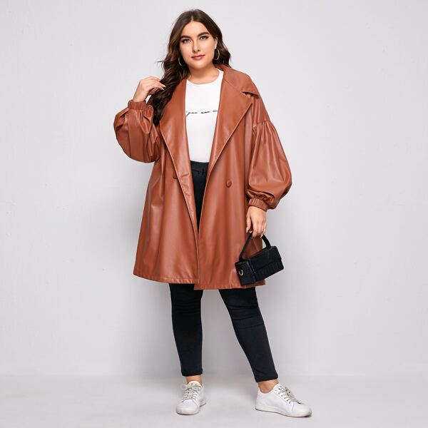

Plus Notch Collar Lantern Sleeve PU Coat, Rust brown