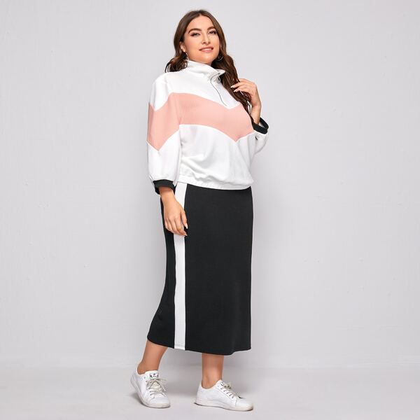 

Plus Chevron Colorblock Half Placket Pullover & Contrast Sideseam Skirt Set, Black and white