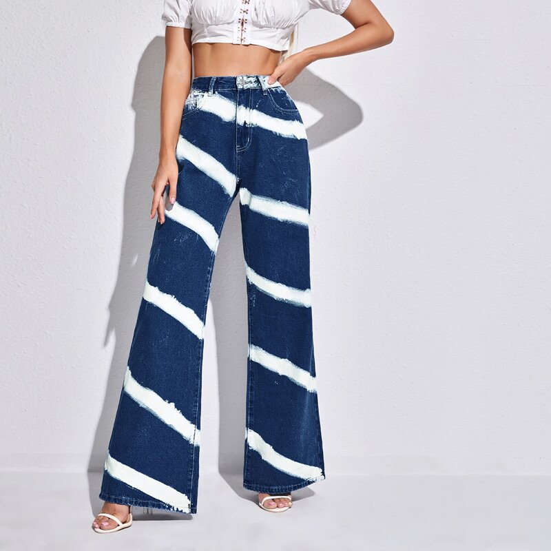 

High-Waisted Striped Wide Leg Jeans, Dark wash