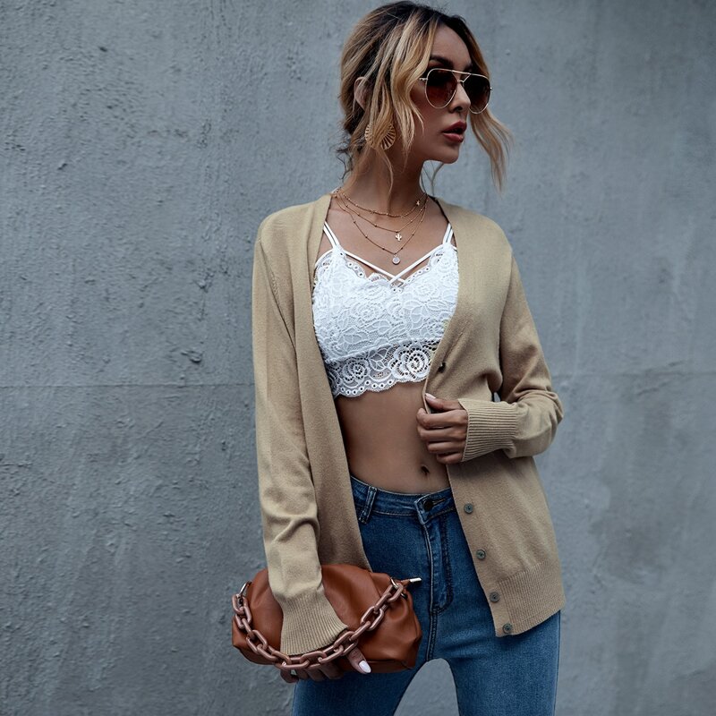 

Button Front Solid Cardigan, Khaki