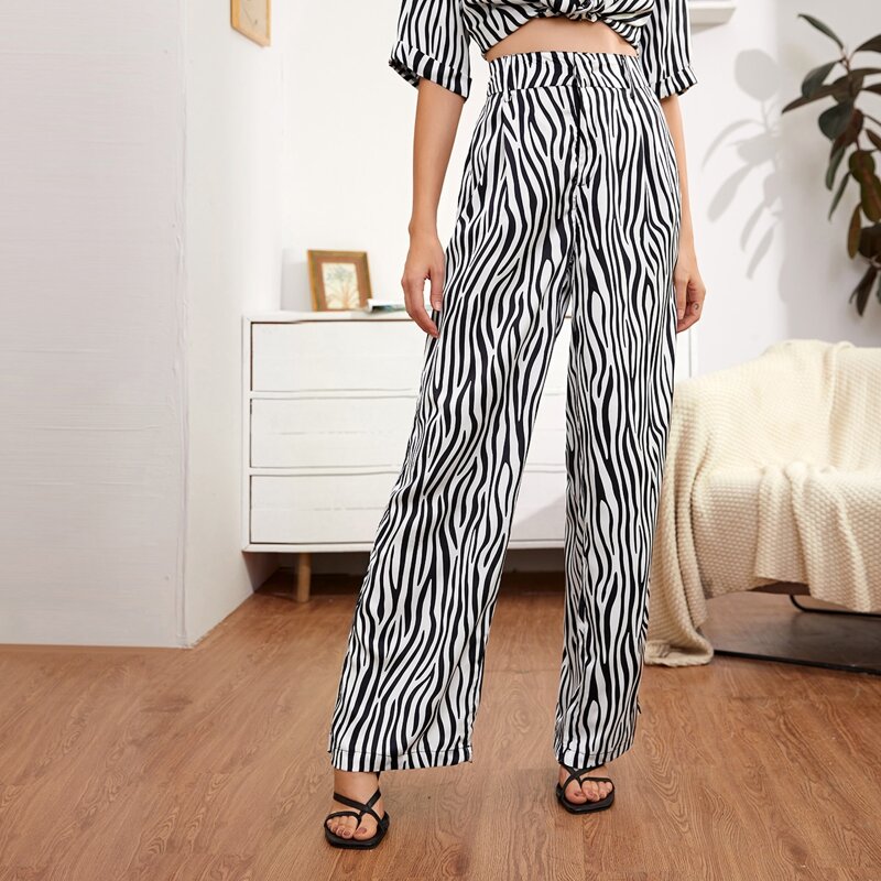 

Zebra Striped High Waist Wide Leg Pants, Black and white