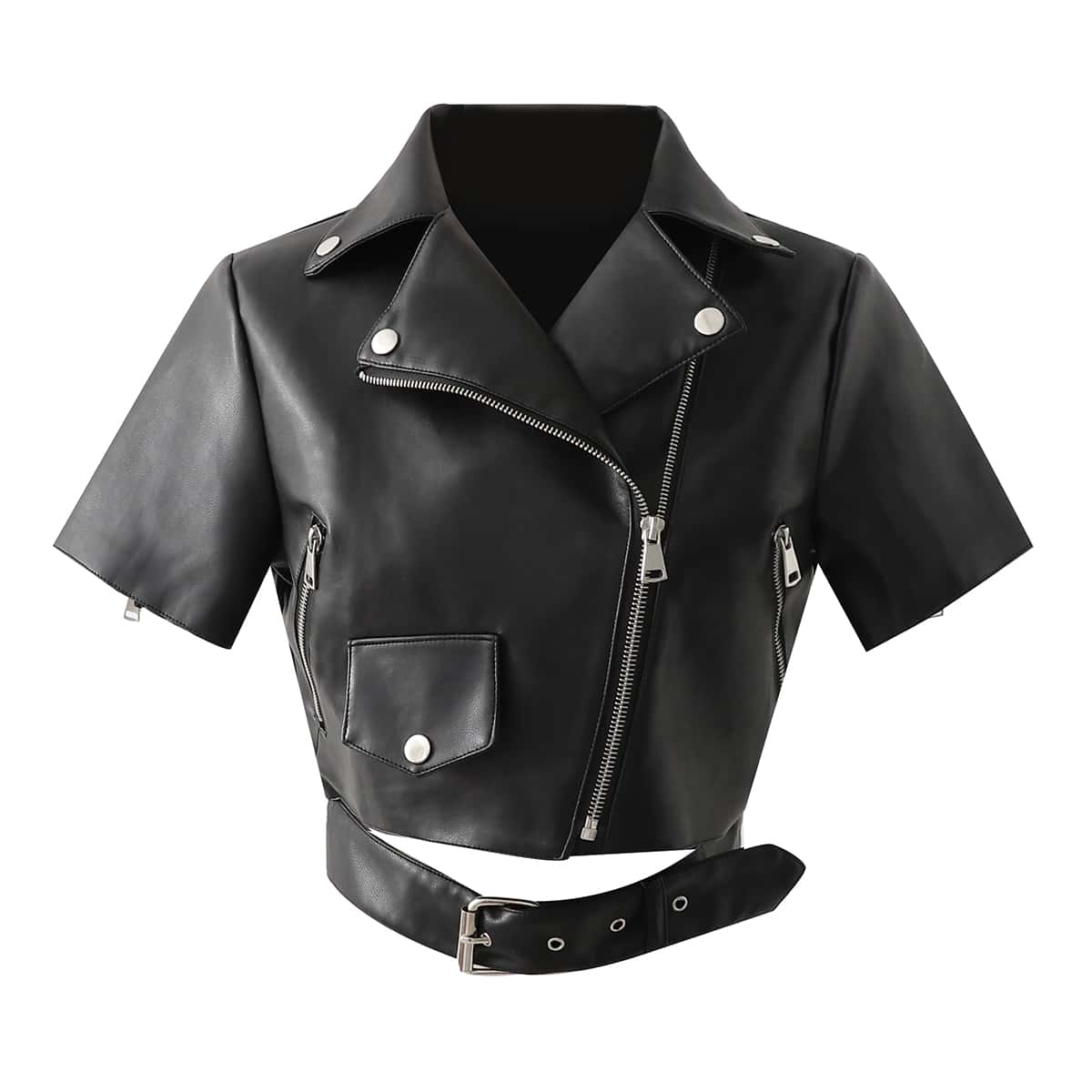 

PU Leather Buckle Belted Crop Biker Jacket, Black