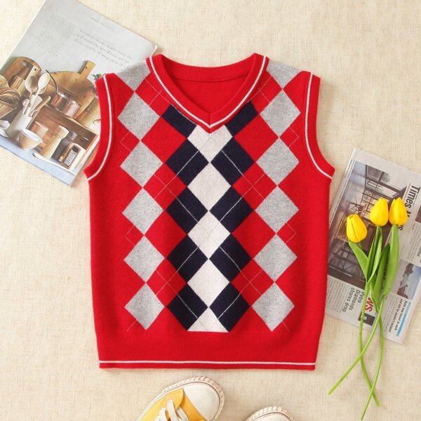 

Contrast Trim Argyle Pattern Sweater Vest, Red