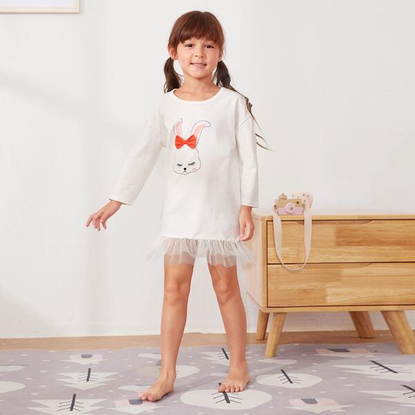 

Toddler Girls Bow Front Cartoon Graphic Contrast Mesh Night Dress, White