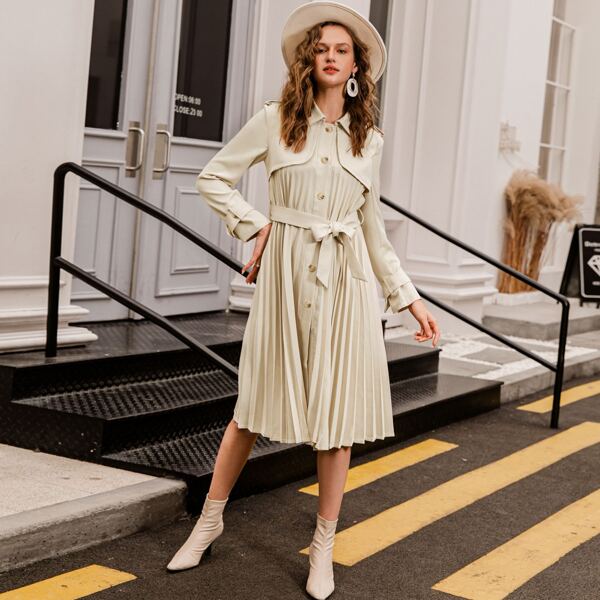 

Button Front Belted Pleated Dress, Khaki