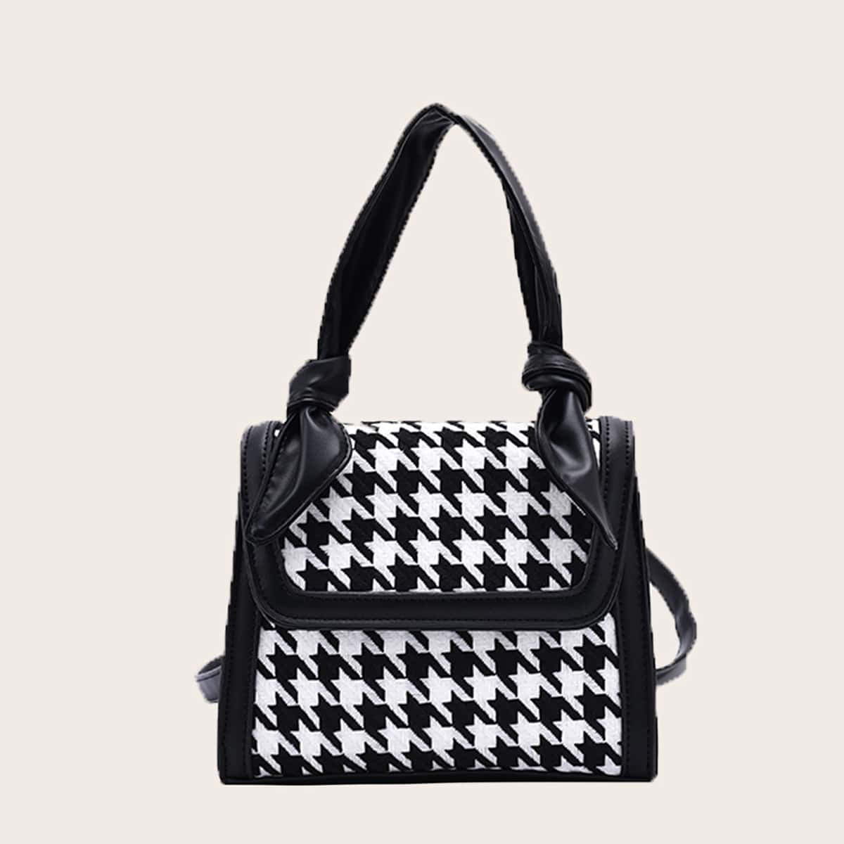 

Houndstooth Flap Satchel Bag, Black and white
