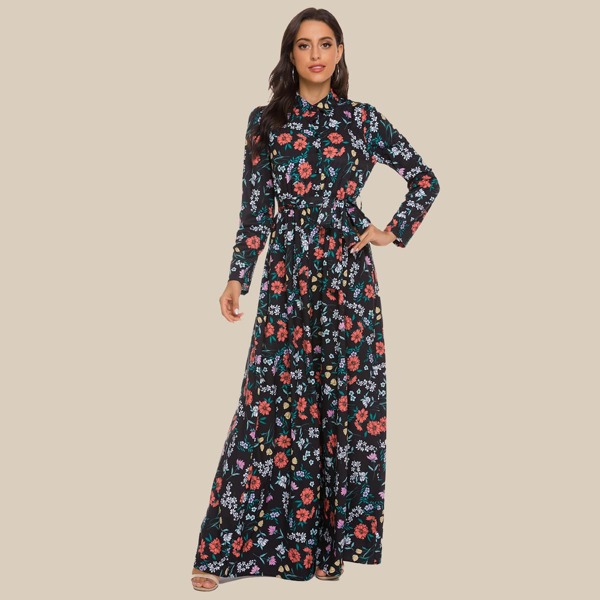

Simple Flavor Button Front Belted Floral Maxi Dress, Black