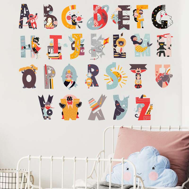

4pcs Cartoon Alphabet Print Wall Sticker, Multicolor