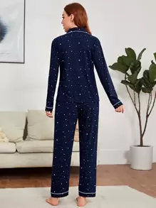 Contrast Binding Galaxy Print PJ Set / Pajama Set, Fall Winter Clothes  Cozy And Elegant Details - Navy Blue - View 2