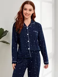 Contrast Binding Galaxy Print PJ Set / Pajama Set, Fall Winter Clothes  Cozy And Elegant Details - Navy Blue - View 3